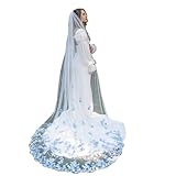 Stunning Blue 3D Floral Outdoor Wedding Veil with Comb - Long Cathedral Tulle Bridal Accessory Girls