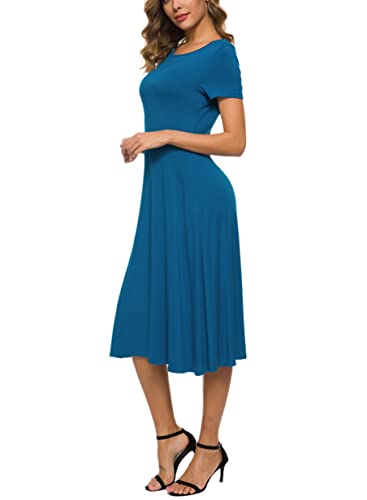 Image of EXCHIC Women's Casual Round Neck Short Sleeve Midi Dress Solid Stretchy Waist Knee Long Dress
