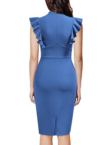 Image of Knitee Women's Vintage Ruffle Sleeve V-Neck Bodycon Evening Party Cocktail Pencil Sheath Dress