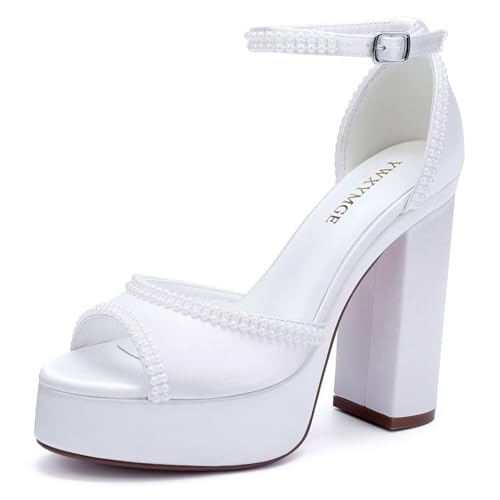 Image of Platform Heels Wedding Shoes for Bride Ankle Strap Bridal Heeled Sandals Wedding Heels