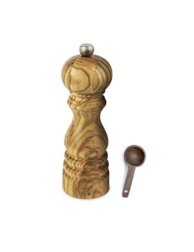 Peugeot Paris Olivier Salt Mill Gift Set Olive Wood - With Wooden Scoop (7 -Inch, Salt Mill w/Scoop)