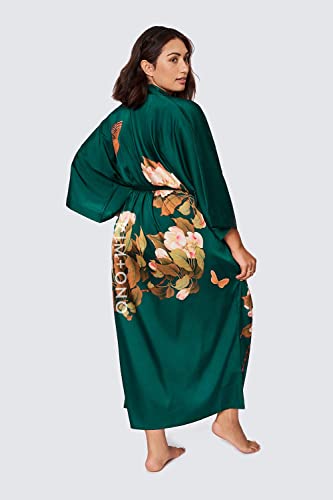 Kim+Ono Women's Plus Size Charmeuse Kimono Robe Long - Watercolor Floral - Peony & Butterfly - Emerald (Green), Charmeuse Kimono Robes For Women With Floral Designs, 54 Inches In Length, Plus Size. #TOP2