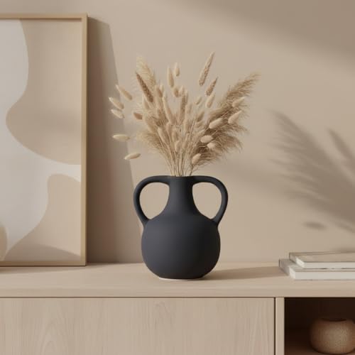 Image of PUREZENTO Unique 'Twin Beely' Vase Black Ceramic Donut Vase 5 Inch - Pack of 1 | Decorative Vases for Dried Flowers & Pampas Grass, Modern Home Decor, Living Room & Office Decor Ideas