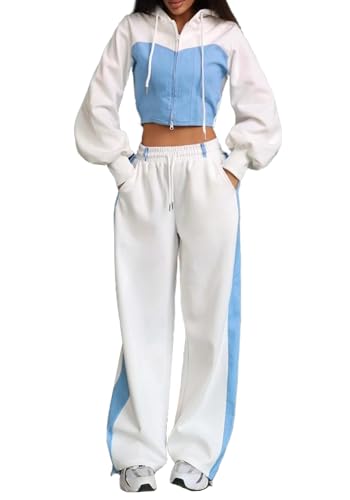 Kwunbwa Women's 2 Piece Outfits Lounge Sweatsuits Denim Patchwork Zip Up Crop Hoodie Baggy Jogger Pant Tracksuit Sets