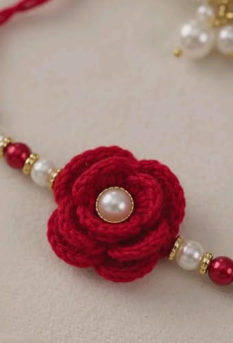 Image of Handmade Crochet Rose Flower Rakhi for Brother, Red, Cotton Yarn, with Pearl & Beads, Adjustable, Raksha Bandhan