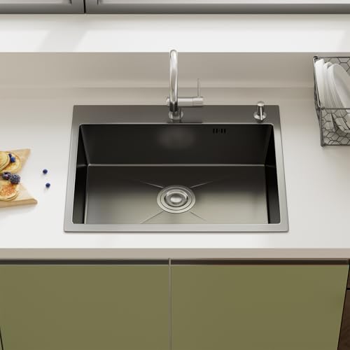 STANEW Fregadero Cocina 55 x 45 cm, Fregadero Cocina 1 Seno, Acero Inoxidable, Fregadero Bajo Encimera o Sobre Encimera con Cesta de Filtro Extensible, Filtro de Drenaje (Gris Metalizado)