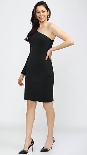 Image of Women Polyester Plain One Shoulder Bodycon Dresses, Solid with Knee Length