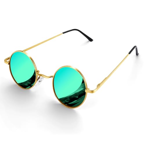 Morcheiong Retro Runde Polarisierte Sonnenbrille UV400 Hippie Style Unisex Sonnenbrillen Kreis für Damen Herren (Silberner Rahmen Grüne Folie)
