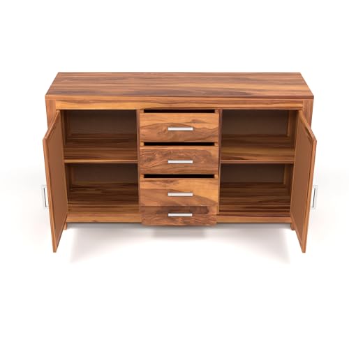 Image of Solid Sheesham Wood Sideboard Cabinet with 4 Drawers & 2 Doors | Rosewood Storage Cabinet for Living Room, Dining Room & Office (Honey Finish)