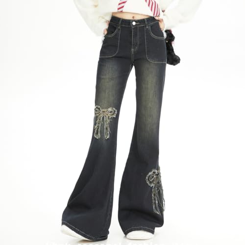Fashion Casual High Waisted Jeans for Women Y2K Vintage Cute Bow Tie Fringe Patchwork Bell Bottom Pants3