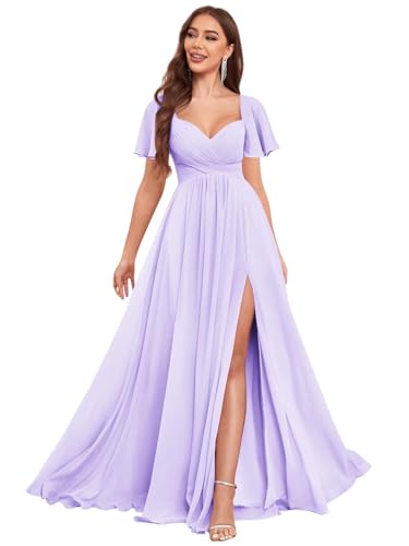 VCCICANY Chiffon Bridesmaid Dresses for Women Flutter Sleeve Pleated V Neck Long Formal Evening Gowns with Slit