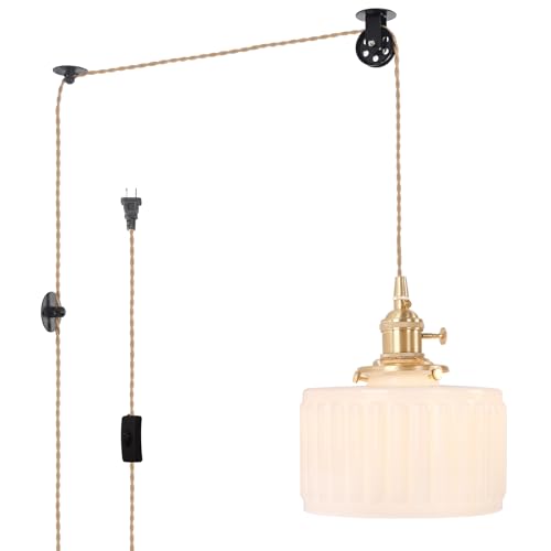 Image of Shenmoyl Plug in Pendant Light Hanging Light Fixture Corded On /Off Switch Brass Pendant Light with White Striped Glass Lampshade for Bedroom Living Room Kitchen Island