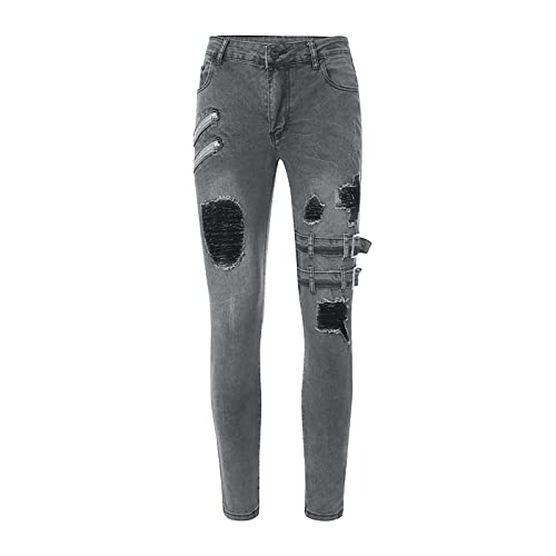 Men's Skinny Zipper motorcycle jeans,Ripped Stretch Distressed Men Pants Casual Streetwear Trousers 2025