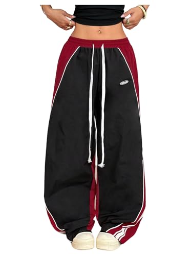 GORGLITTER Women's Baggy Track Pants Y2K Color Block Drawstring High Waisted Parachute Pants