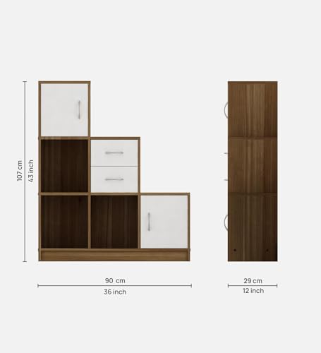 Image of Elegant Multipurpose Storage Unit | Engineered Wood Free Standing Cabinet | Open & Closed Display Shelf Organizer | Lyon Teak & White | DIY Assembly
