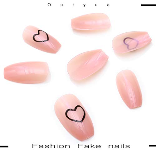 Outyua Heart Press on Nails Long Coffin Fake Nails Acrylic ballerina False Nails Glossy Full Cover Nails for Women and Girls 24pcs