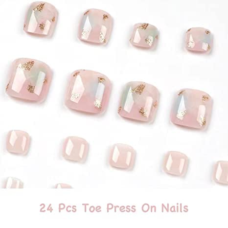 Yosomk Pink Colorful Press On Toenails With Freen Smog Gold Foil Fake Toe Short Nail Tips Press Ons Glue On Toe Nails Nude Square Summer False Toenails For Women 26Pcs #TOP4