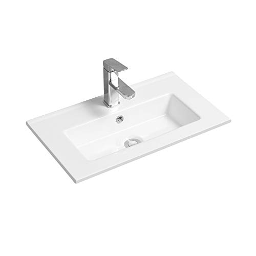 Limoge 4024A Ceramic 61cm Thin-Edge Inset Bathroom Basin with Rectangular Bowl - Modern Drop-in Self-Rimming Top-Mount Rectangular Sink for Vanity or Countertop Installation
