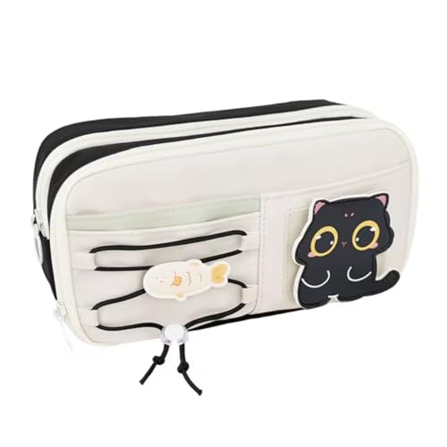 Image of Cute Black Cat Pencil Pouch for Girls & Boys, Large Capacity Multi-Layer Zipper Pencil Case with Front Pocket & Drawstring Organizer for School Supplies
