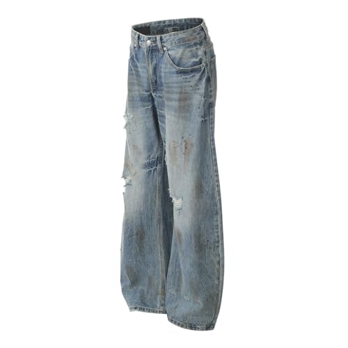 Jeans Pants Trouser Denim Retro Piercing Straight Tube Trendy Street Washed Blue Loose for Men2