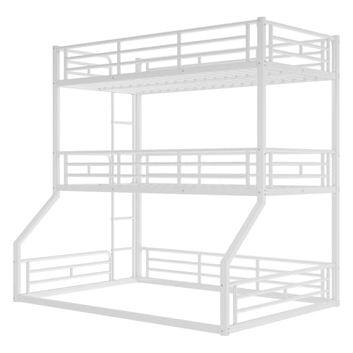 Image of Twin Over Twin Over Full Bunk Bed with Safety Guardrails, Modern Metal Triple Bed Frame for Kids, No Box Spring Required, White