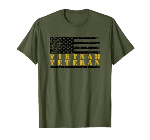 Vietnam Veteran Yellow Text Distressed American Flag T-Shirt