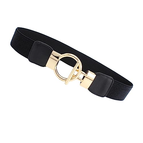 Wide Elastic Waist Belt for Women with Golden Round Buckle Stretch Cinch Waistband PU and Alloy Material Fashionable Black Decorative Accessory for Jeans Dresses Trousers