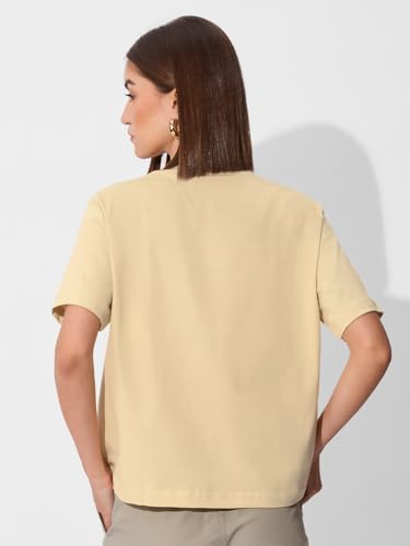 Image of The Souled Store Cactus Women and Girls Short Sleeves Round Neck Yellow Graphic Printed Cotton Relaxed Fit T-Shirts