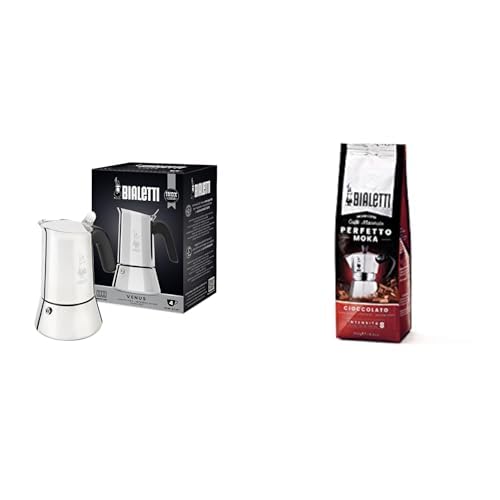 Bialetti Venus - Caffettiera ad induzione, Acciaio inossidabile, 4 tazze da caffè (170 ml) Perfetto Moka Caffè Macinato, Gusto Cioccolato 250 gr