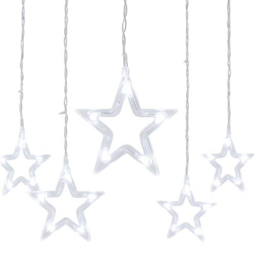 ELEGANI 138 LED Star Curtain Light – White Hanging String Lights with 12 Stars, 8 Lighting Modes, Plug-in, for Indoor Outdoor Room Party Backdrop