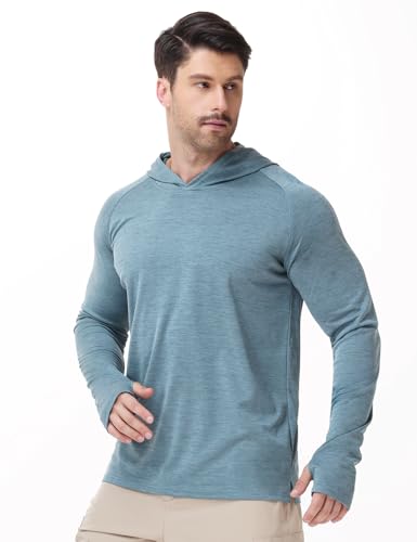 Image of Mens Long Sleeve Athletic Hoodie Sun Protection Gym Workout Shirt for Hiking Running Fishing