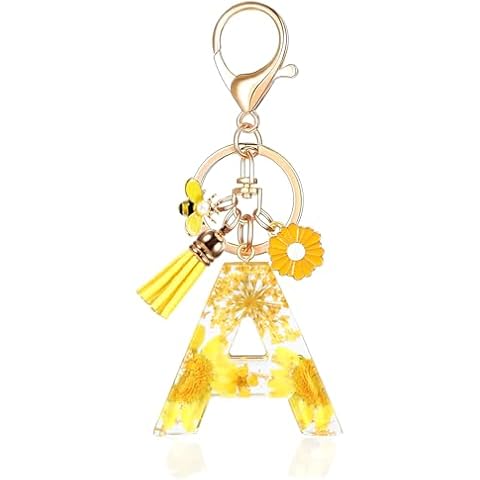 MWOOT Initial Letter A Keychain Resin Alphabet Keyrings,Yellow Petals Gold Foil Key Ring Charm with Daisy Bee Tassel Pendant,Key Chain for Women Adult Gift Wallet Purse Bag Handbag Decoration(A) Cover