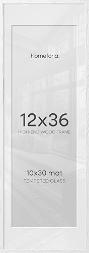 Image of Homeforia 12x36 White Picture Frame, High End Oak 12x36 Wood Poster Frames with Mat 10x30 Art, 12 x 36 White Wooden Frames Matted to 10 by 30, 36x12 Panoramic Frame, Tempered Glass, Wall Kit, Set of 2