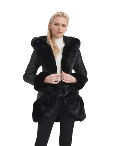 GRAN ORIENTE Women's Faux Leather Coat with Faux Fur Collar,Winter Warm Belted Mid Length Trim Jacket Fur Lined with Hood2