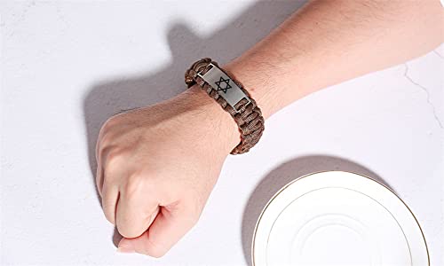Men's Israeli & Jewish Jewelry - Handmade Survival Paracord Star Of David Cuff Bracelet, Religious Jerusalem Magen David Star Personalized Engraved Israel Faith Bangle For Judaica,Brown,9 Inch #TOP4