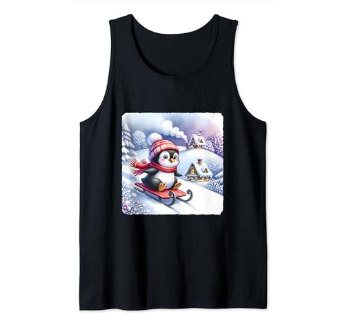 Penguin Sledding Down Snowy Hill Excitedly. Sled Snow Trees Tank