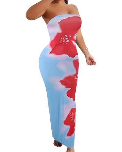 Image of Sliot Floral Print Strapless Bodycon Maxi Dress - Sexy Summer Beach Dress for Women, Tropical Vacation Sundress, Club Party