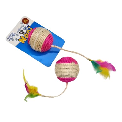 Brinquedos para gatos bolinha de sisal com corda em sisal e penas, contém Catnip. Diâmetro 6cm, comp