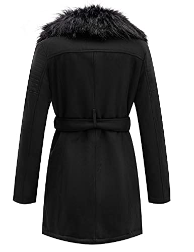 Geschallino Lange Jacke aus Wildlederimitat für Damen, Moto Biker Parka Mantel mit abnehmbarem Pelzkragen FF206 Schwarz XXL
