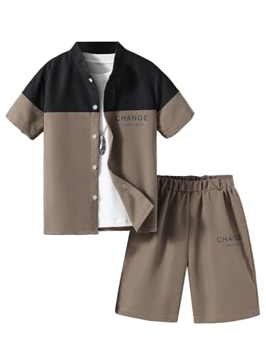 Image of Verdusa Boy's 2 Piece Outfits Letter Print Color Block Short Sleeve Button Up Top and Shorts Set