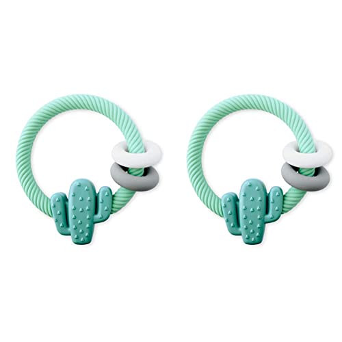 Itzy Ritzy Silicone Teether With Rattle; Features Rattle Sound, Two Silicone Rings And Raised Texture To Soothe Gums; Ages 3 Months And Up; Cactus (Pack Of 2) #TOP11