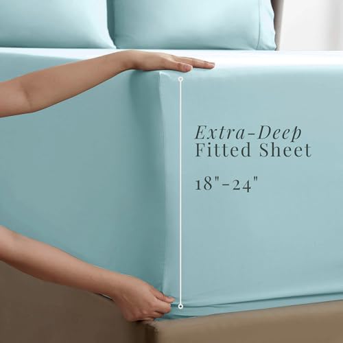 Image of Hearth & Harbor Extra Deep Pocket Sheets - Fits Mattress 18-24 Inches Deep - Extra Deep Pocket Full Size Sets - 6 Piece Full Size - Full - Aqua Blue