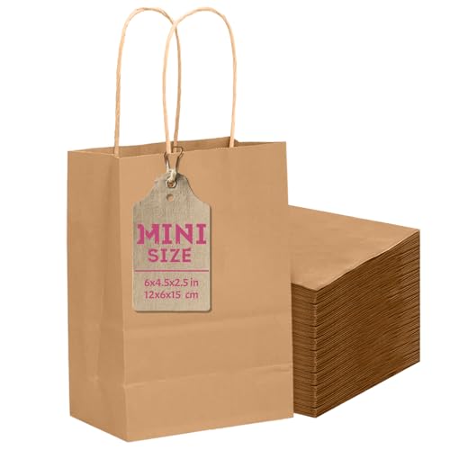 qiqee 50-Packs Brown Paper Gift Bags with Handles Bulk 4.5x2.5x6 Mini Size Party Favor Bags Multiple Uses