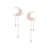Naniwaai ピアス レディース 人気 ピンクジルコニア 「月の桜」 可愛い 花 揺れる ロング ピアス 月 金属アレルギー対応 925シルバー針 銅メッキ 日常用 デート アクセサリー プレゼント お誕生日 母の日 記念日 ピンクゴールド