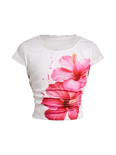 Image of RoseSeek Girl's Ditsy Floral Print Lace T Shirt Short Sleeve Ribbed Ruched Cute Tee Shirts Summer Tops