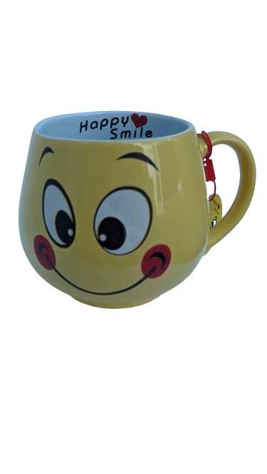 EAGERLY KITCHENWARE Smiley Emoji Coffee Mug Tea Cup with Handle (Yellow) (Happy Smile Design 6)