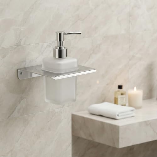 Image of Wall Mounted Liquid Soap Dispenser with Frosted Glass Bottle | Rustproof Bathroom Soap Pump Holder | Heavy Duty Chrome Finish Hand Wash Dispenser for Bathroom, Kitchen & Wash Basin