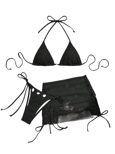 SISKIN Bikini Sets for Women, 3 Piece Swimsuits for Women, Beach Vacation Sexy Tie Mesh Crochet Shell Solid Color Bikini