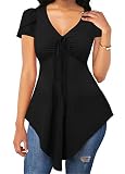 Beverly Women's Tunic Tops for Leggings Petal Sleeve V Neck Blouses Casual Pleated Asymmetrical T-Sh