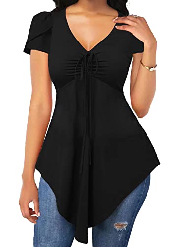 Beverly Women's Tunic Tops For Leggings Petal Sleeve V Neck Blouses Casual Pleated Asymmetrical T-Shirts Black S #TOP13